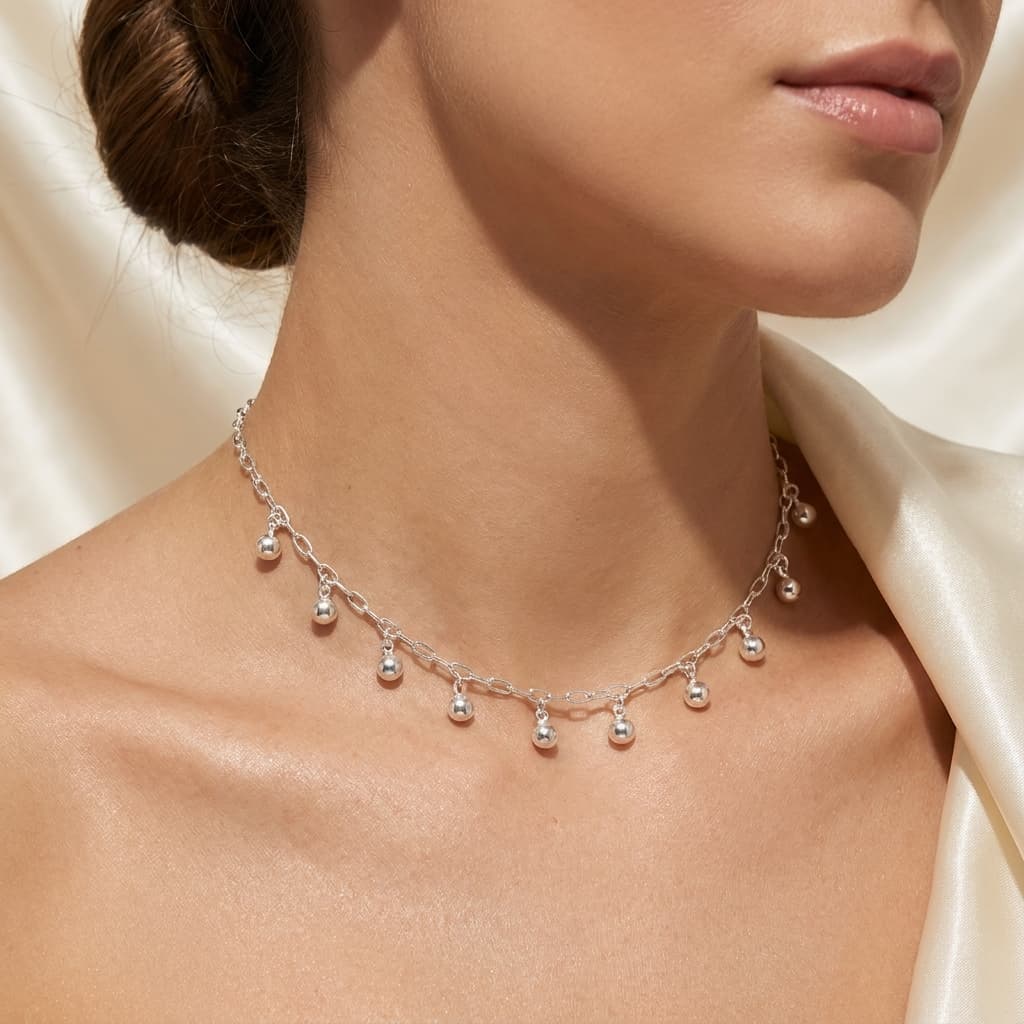 Choker de Prata 925 com Bolinhas Penduradas 38cm alternate image
